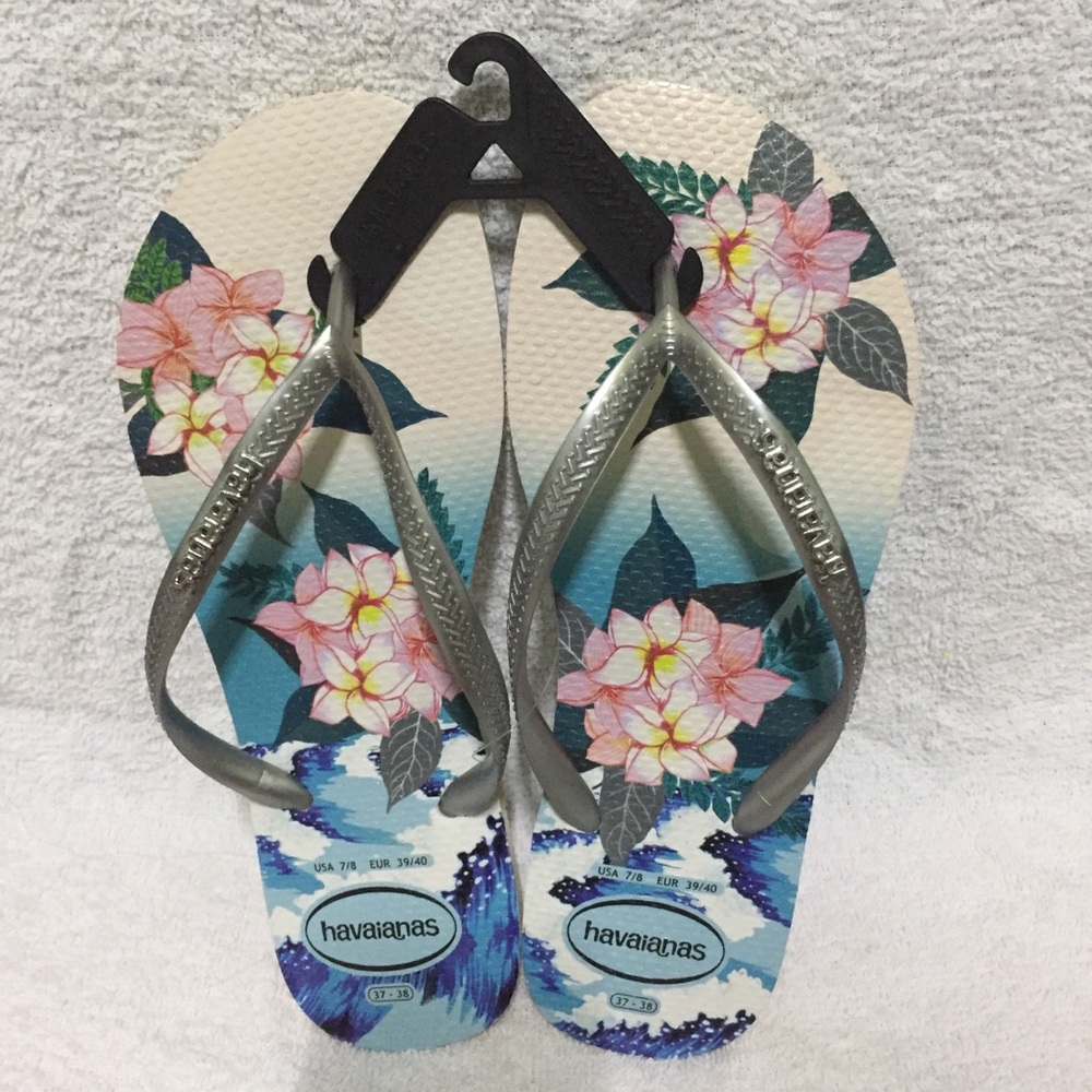 Havaianas Hawaiian Floral Flowers Blue Pink Silver